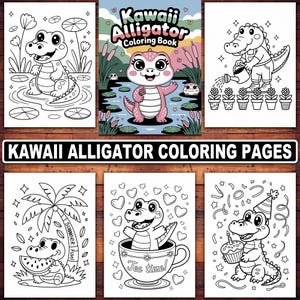 Dibujos para colorear de caimanes kawaii / 20 diseños adorables y divertidos para niños y adultos / Caimanes bebés, reptiles de dibujos animados y sonrisas pantanosas