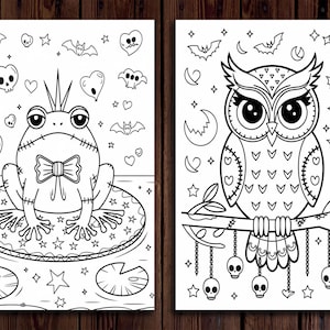 May include: Two black and white coloring pages featuring a frog wearing a bow tie and an owl with hearts and skulls. The frog is sitting on a lily pad with stars and the owl is perched on a branch with hanging skulls.