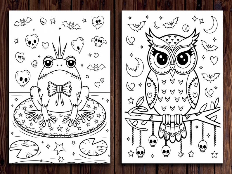 May include: Two black and white coloring pages featuring a frog wearing a bow tie and an owl with hearts and skulls. The frog is sitting on a lily pad with stars and the owl is perched on a branch with hanging skulls.