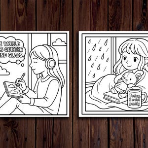 May include: Two black and white illustrations. One shows a person with headphones writing in a notebook, with the text "THE WORLD FEELS QUIETER BEHIND GLASS." The other shows a person with a stuffed animal and a mug that says "Today, I exist gently."