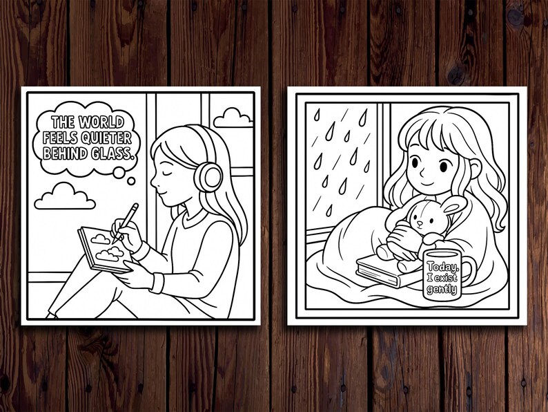May include: Two black and white illustrations. One shows a person with headphones writing in a notebook, with the text "THE WORLD FEELS QUIETER BEHIND GLASS." The other shows a person with a stuffed animal and a mug that says "Today, I exist gently."
