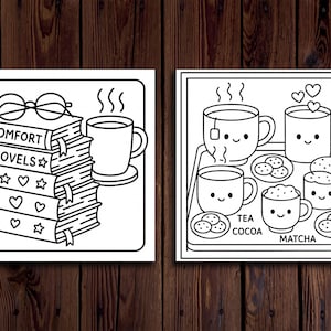 K&ouml;nnte beinhalten: Zwei Schwarz-Wei&szlig;-Illustrationen auf Holzgrund. Eine zeigt einen B&uuml;cherstapel mit Brille und Kaffeetasse. Die andere zeigt Tee, Kakao und Matcha mit Keksen und den Worten "Tea Cocoa Matcha."