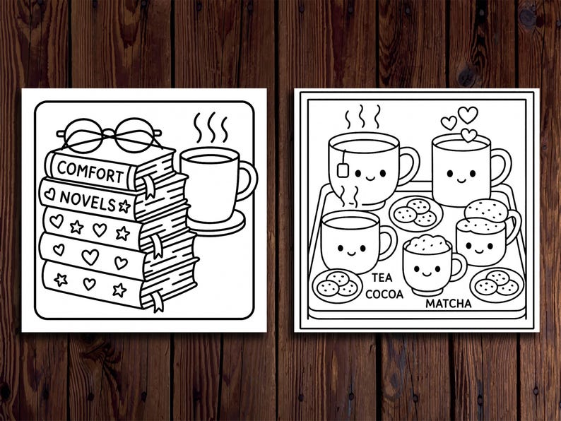 K&ouml;nnte beinhalten: Zwei Schwarz-Wei&szlig;-Illustrationen auf Holzgrund. Eine zeigt einen B&uuml;cherstapel mit Brille und Kaffeetasse. Die andere zeigt Tee, Kakao und Matcha mit Keksen und den Worten "Tea Cocoa Matcha."
