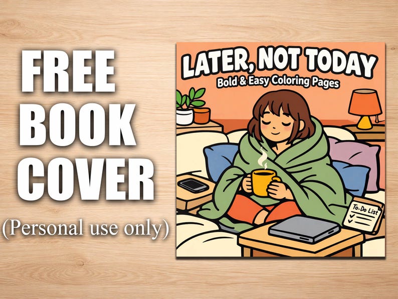 May include: A book cover design with the text "FREE BOOK COVER" in large white letters. The cover art features a cartoon of a person wrapped in a blanket, holding a mug, with the text "LATER, NOT TODAY" and "Bold & Easy Coloring Pages".