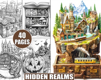 Mystical Hidden Realms Coloring Pages: Grayscale Fantasy Art (Digital Download)