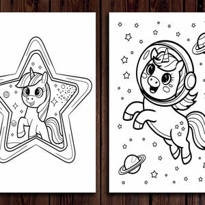May include: Two black and white illustrations of unicorns. One unicorn is inside a star-shaped frame. The other unicorn is wearing an astronaut helmet and floating in space with planets and stars.