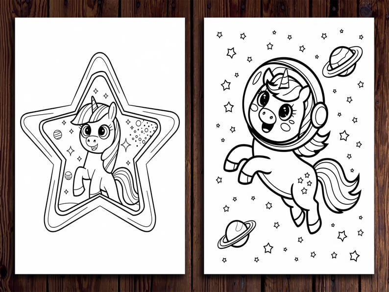 May include: Two black and white illustrations of unicorns. One unicorn is inside a star-shaped frame. The other unicorn is wearing an astronaut helmet and floating in space with planets and stars.