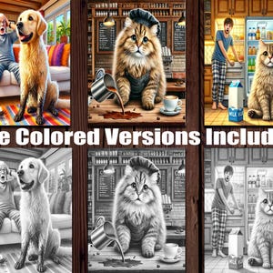 May include: A digital painting of four different scenes. The first scene shows a man and a golden retriever dog sitting on a couch. The second scene shows a cat wearing a chef's hat pouring coffee into a cup. The third scene shows a man in pajamas standing in front of a refrigerator. The fourth scene shows a cat sitting in front of a refrigerator. The text "Free Colored Versions Included!" is at the bottom of the image.
