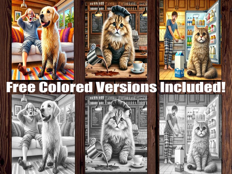 May include: A digital painting of four different scenes. The first scene shows a man and a golden retriever dog sitting on a couch. The second scene shows a cat wearing a chef's hat pouring coffee into a cup. The third scene shows a man in pajamas standing in front of a refrigerator. The fourth scene shows a cat sitting in front of a refrigerator. The text "Free Colored Versions Included!" is at the bottom of the image.