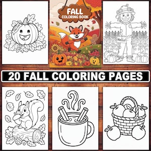 May include: A set of 20 autumn-themed colouring pages. The pages show illustrations of pumpkins, a fox, a scarecrow, a squirrel, a mug of hot chocolate, and a basket of apples. The words "Fall Coloring Book" are visible.