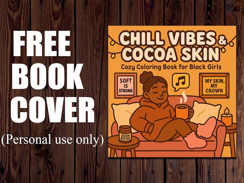 May include: A book cover design with the text "FREE BOOK COVER" in large white letters. The cover art features a cartoon illustration of a person relaxing on a couch with a mug, with the text "CHILL VIBES & COCOA SKIN".