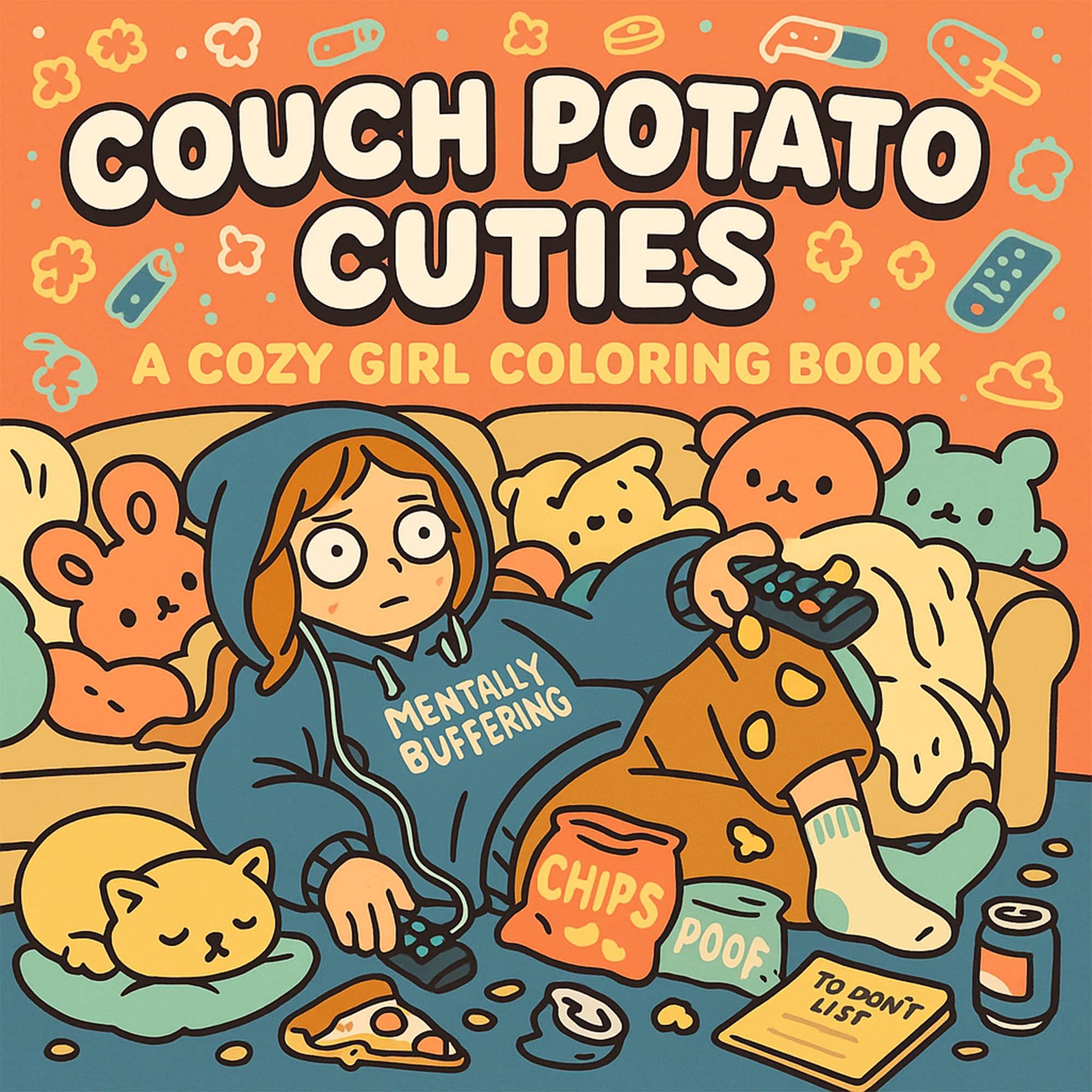 Couch Potato Cuties Libro para Colorear PDF – 20 chicas de día perezoso, snacks y estética hoodie | Descarga digital