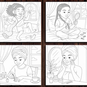 May include: Black and white line art illustration of four different scenes featuring a young woman. The first scene shows a woman listening to music on headphones while sitting on a bed. The second scene shows a woman sitting on a bed, looking in a mirror and styling her hair. The third scene shows a woman sitting at a table, painting her nails. The fourth scene shows a woman standing in front of a mirror, applying face cream.