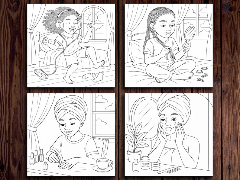 May include: Black and white line art illustration of four different scenes featuring a young woman. The first scene shows a woman listening to music on headphones while sitting on a bed. The second scene shows a woman sitting on a bed, looking in a mirror and styling her hair. The third scene shows a woman sitting at a table, painting her nails. The fourth scene shows a woman standing in front of a mirror, applying face cream.