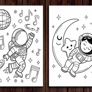 May include: Two black and white illustrations of astronauts. One astronaut is dancing with musical notes and a disco ball. The other astronaut is sleeping on a crescent moon with a star. Both images have a space theme.