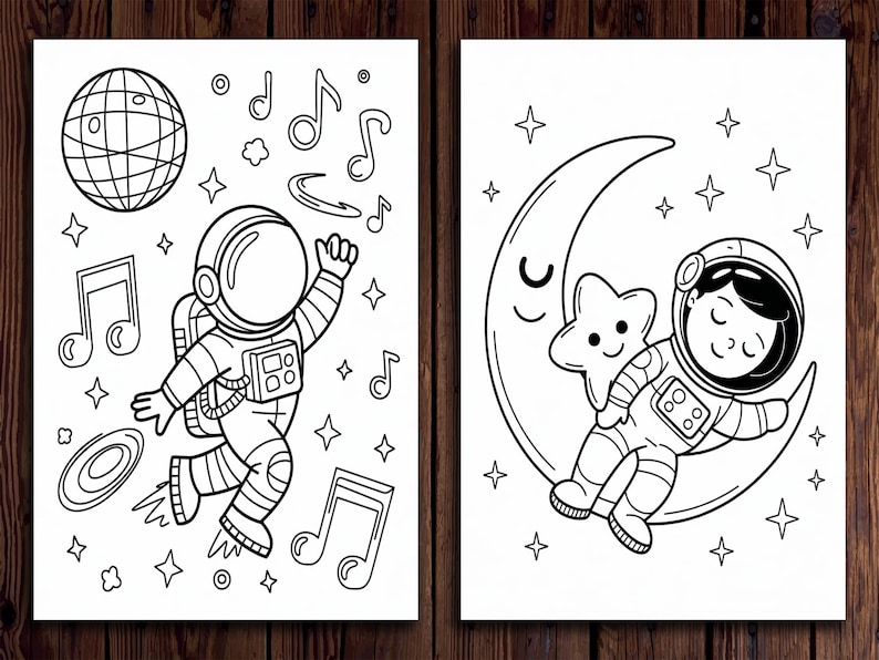 May include: Two black and white illustrations of astronauts. One astronaut is dancing with musical notes and a disco ball. The other astronaut is sleeping on a crescent moon with a star. Both images have a space theme.