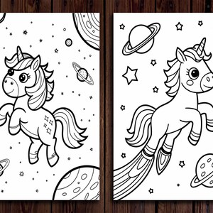 May include: Two black and white illustrations of unicorns in space. One unicorn is floating with planets and stars around it. The other unicorn is flying with a rocket trail. Both have a horn and flowing mane.