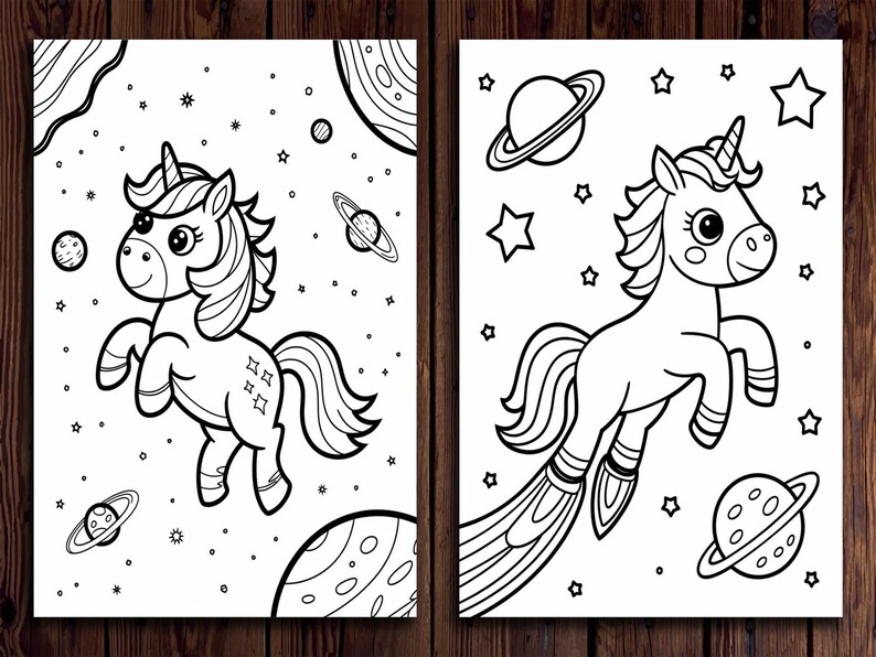 May include: Two black and white illustrations of unicorns in space. One unicorn is floating with planets and stars around it. The other unicorn is flying with a rocket trail. Both have a horn and flowing mane.
