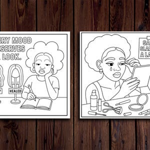 Puede incluir: Dos ilustraciones en blanco y negro sobre un fondo de madera. La imagen de la izquierda tiene el texto "EVERY MOOD DESERVES A LOOK." y muestra a una persona escribiendo en un cuaderno. La imagen de la derecha tiene el texto "SAD? SLAP ON A LASH." y muestra a una persona maquill&aacute;ndose.