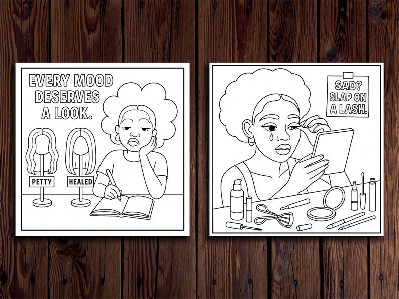 Puede incluir: Dos ilustraciones en blanco y negro sobre un fondo de madera. La imagen de la izquierda tiene el texto "EVERY MOOD DESERVES A LOOK." y muestra a una persona escribiendo en un cuaderno. La imagen de la derecha tiene el texto "SAD? SLAP ON A LASH." y muestra a una persona maquill&aacute;ndose.