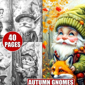Peut inclure: Un livre de coloriage avec 40 pages d'illustrations de gnomes dans des décors d'automne. La couverture montre un gnome avec un chapeau vert et une barbe blanche tenant un renard.