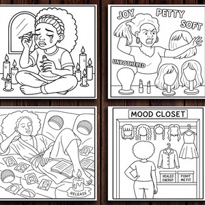 Puede incluir: Ilustraciones en blanco y negro que representan varios estados de &aacute;nimo. Una muestra a una persona maquill&aacute;ndose, otra con las palabras "Joy, Petty, Soft, Unbothered", una tercera con la palabra "Release", y la &uacute;ltima con "Mood Closet" y las palabras "Healed Energy, Fight Me Fit".