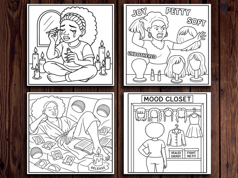 Puede incluir: Ilustraciones en blanco y negro que representan varios estados de &aacute;nimo. Una muestra a una persona maquill&aacute;ndose, otra con las palabras "Joy, Petty, Soft, Unbothered", una tercera con la palabra "Release", y la &uacute;ltima con "Mood Closet" y las palabras "Healed Energy, Fight Me Fit".