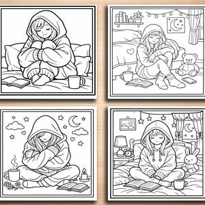 K&ouml;nnte beinhalten: Vier schwarz-wei&szlig;e Illustrationen einer Person in einem Kapuzenpullover, jeweils in einer anderen Umgebung. Eine sitzt auf einem Bett mit einem Buch und einer Tasse, eine andere auf dem Boden und zwei weitere auf einem Bett mit verschiedenen Gegenst&auml;nden.