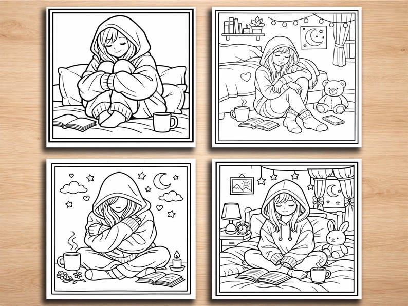 K&ouml;nnte beinhalten: Vier schwarz-wei&szlig;e Illustrationen einer Person in einem Kapuzenpullover, jeweils in einer anderen Umgebung. Eine sitzt auf einem Bett mit einem Buch und einer Tasse, eine andere auf dem Boden und zwei weitere auf einem Bett mit verschiedenen Gegenst&auml;nden.