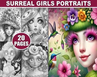 Fantasy Girls Coloring Pages: 20 Surreal Female Portraits (Grayscale Digital Download)