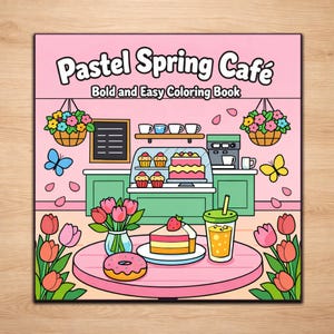 以下が含まれることがあります： 「Pastel Spring Café」というタイトルと「Bold and Easy Coloring Book」というサブタイトルが付いた、パステルカラーの塗り絵本の表紙。テーブル、食べ物、花の装飾が施されたカフェのシーンが描かれています。蝶と花も含まれています。