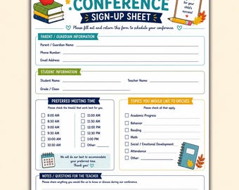Parent Teacher Conference Sign Up Sheet Printable | Meeting Scheduler Form & Family Conference Organizer