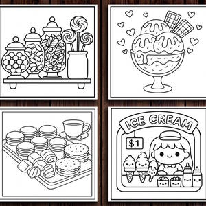 以下が含まれることがあります： 4つの白黒のデザートのイラスト。キャンディーとロリポップの瓶が1つ。ハートの付いたアイスクリームがもう1つ。ペストリーと紅茶のカップが3つ目。最後はアイスクリームスタンドです。