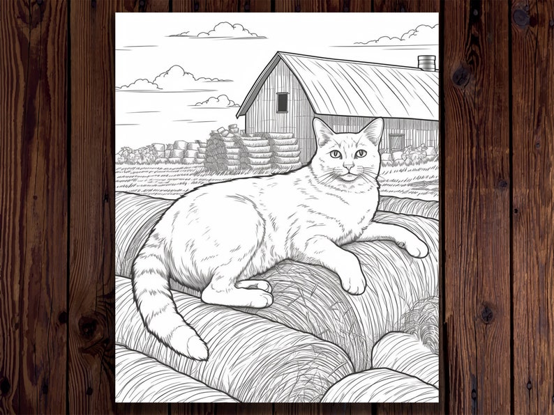 May include: A black and white line drawing of a cat sitting on a pile of hay bales in front of a barn. The cat is looking directly at the viewer.