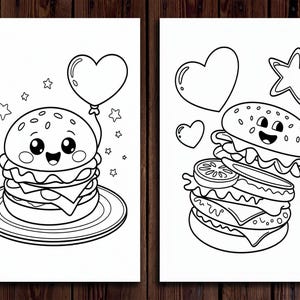 Pu&ograve; includere: Due pagine da colorare in bianco e nero con hamburger di cartoni animati con facce sorridenti. Il primo hamburger tiene un palloncino a forma di cuore ed &egrave; circondato da stelle. Il secondo hamburger &egrave; circondato da cuori e una stella.