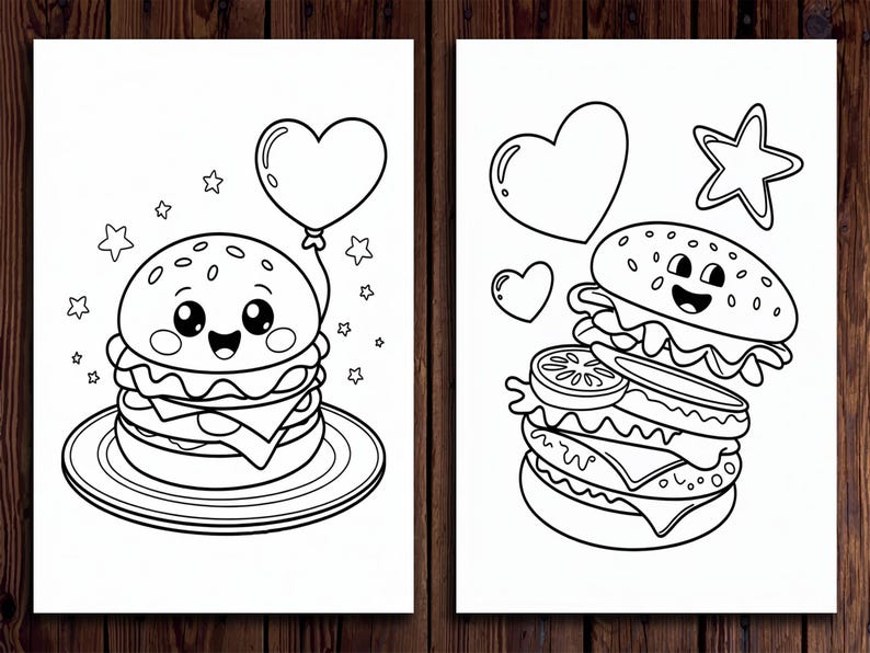 Pu&ograve; includere: Due pagine da colorare in bianco e nero con hamburger di cartoni animati con facce sorridenti. Il primo hamburger tiene un palloncino a forma di cuore ed &egrave; circondato da stelle. Il secondo hamburger &egrave; circondato da cuori e una stella.