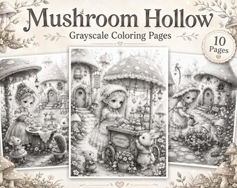 Grayscale Coloring Pages – Gothic Mushroom Forest Designs for Adults