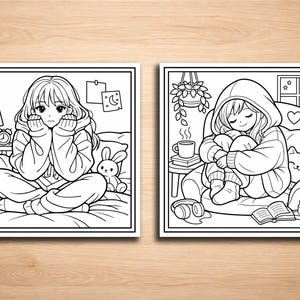 K&ouml;nnte beinhalten: Zwei Schwarz-Wei&szlig;-Illustrationen. Eine zeigt eine Person auf einem Bett, die andere eine Person in einem Kapuzenpullover in einem Stuhl. Beide Bilder haben ein gem&uuml;tliches, entspanntes Thema.