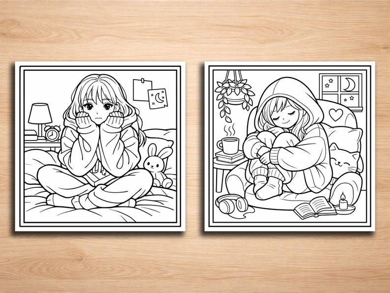 K&ouml;nnte beinhalten: Zwei Schwarz-Wei&szlig;-Illustrationen. Eine zeigt eine Person auf einem Bett, die andere eine Person in einem Kapuzenpullover in einem Stuhl. Beide Bilder haben ein gem&uuml;tliches, entspanntes Thema.