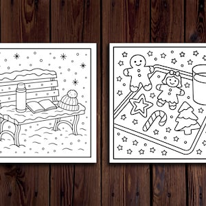 Puede incluir: Dos ilustraciones en blanco y negro sobre fondo de madera. Una muestra un banco nevado con termo, libro y gorro. La otra representa galletas de jengibre, una bebida y estrellas en una bandeja, con tema invernal.