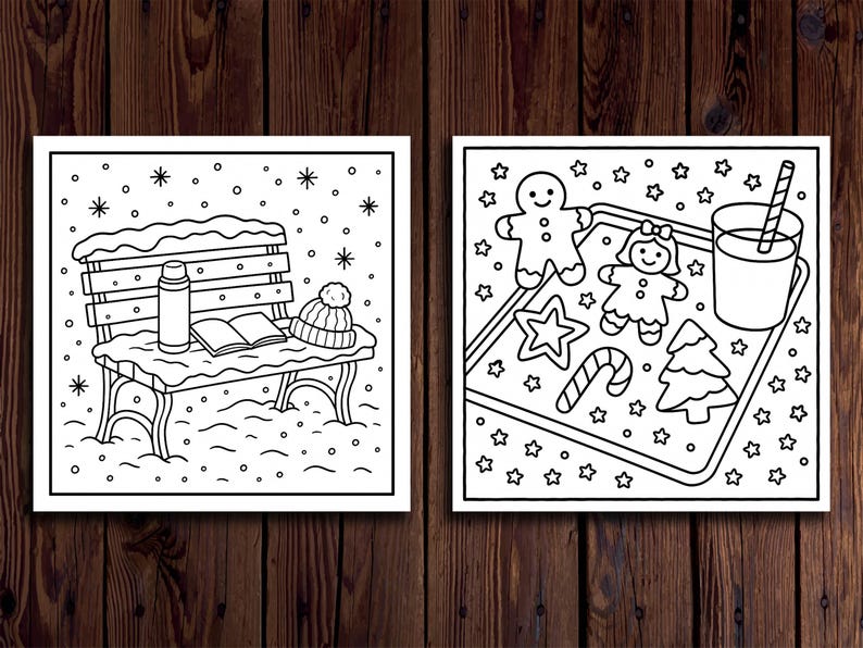 Puede incluir: Dos ilustraciones en blanco y negro sobre fondo de madera. Una muestra un banco nevado con termo, libro y gorro. La otra representa galletas de jengibre, una bebida y estrellas en una bandeja, con tema invernal.