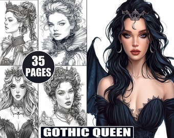 Gothic Queen Coloring Pages: Spooky Grayscale Horror Art (Digital Download)