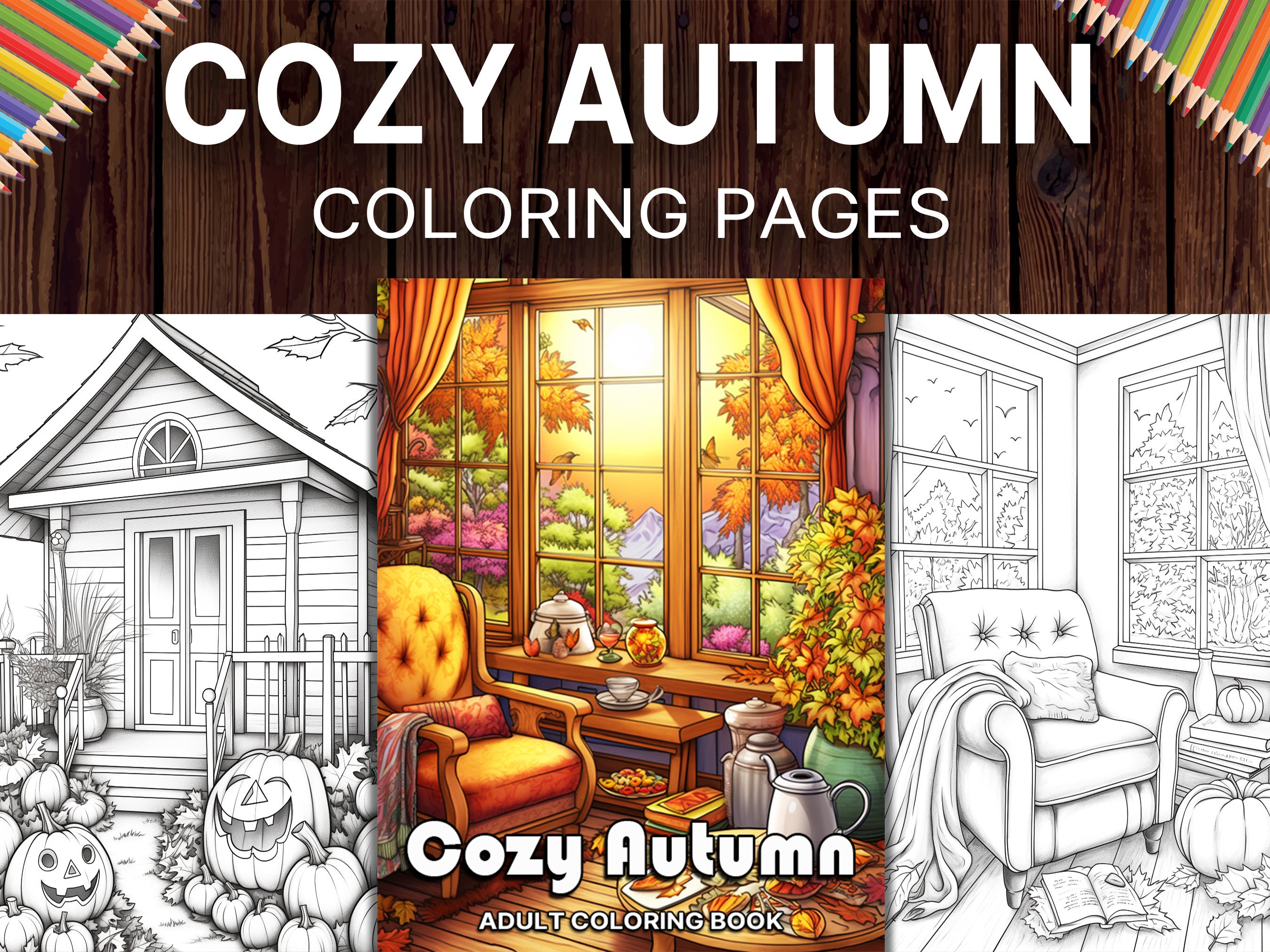 50 Cozy Autumn Coloring Pages for Adults Fall Coloring Book - Etsy