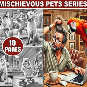 Seria Mischievous Pets – 10 zabawnych kolorowanek w odcieniach szarości przedstawiających zabawne koty i psy, idealne dla miłośników zwierząt i osób chcących złagodzić stres