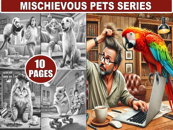 Funny Pets Coloring Pages: Mischievous Cats & Dogs (Printable Download)