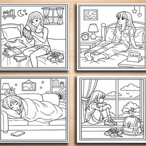 May include: Four-panel illustration depicting daily life scenes. One panel shows a person brushing their hair on a bed with clothes and shoes. Another shows a person sitting on a bed. The third panel shows a person sleeping on a couch. The last panel shows a person sitting by a window.
