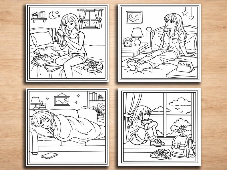 May include: Four-panel illustration depicting daily life scenes. One panel shows a person brushing their hair on a bed with clothes and shoes. Another shows a person sitting on a bed. The third panel shows a person sleeping on a couch. The last panel shows a person sitting by a window.