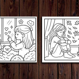 May include: Two black and white illustrations of children's scenes. One shows a girl pointing at hearts and flowers near a window, with a bunny and bear. The other shows a girl sitting by a window with leaves and a candle.