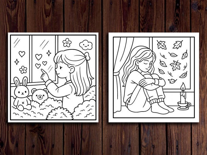 May include: Two black and white illustrations of children's scenes. One shows a girl pointing at hearts and flowers near a window, with a bunny and bear. The other shows a girl sitting by a window with leaves and a candle.