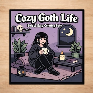 Könnte beinhalten: Das Cover eines Malbuchs mit dem Titel "Cozy Goth Life" zeigt eine Person mit einer Tasse, ein Fenster mit Mond, eine Kerze, Pflanzen und einen Totenkopf. Das Buch ist ein einfaches und mutiges Malbuch.